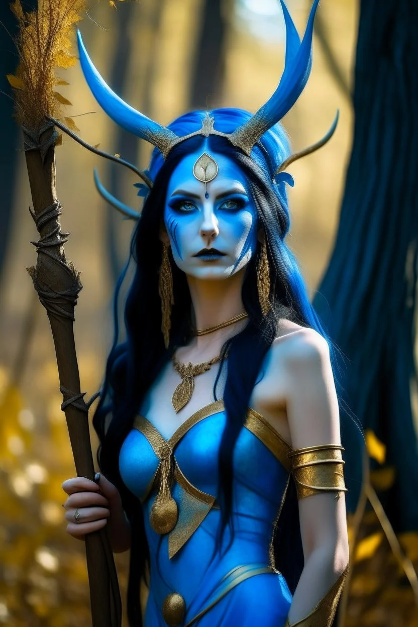 A picture of a beautiful blue faced indian goddess with skin painted blue, blue painted body, blue painted torso, wild black hair, stag antlers, elven ears, golden skirt, holding a staff in a sunny forrest