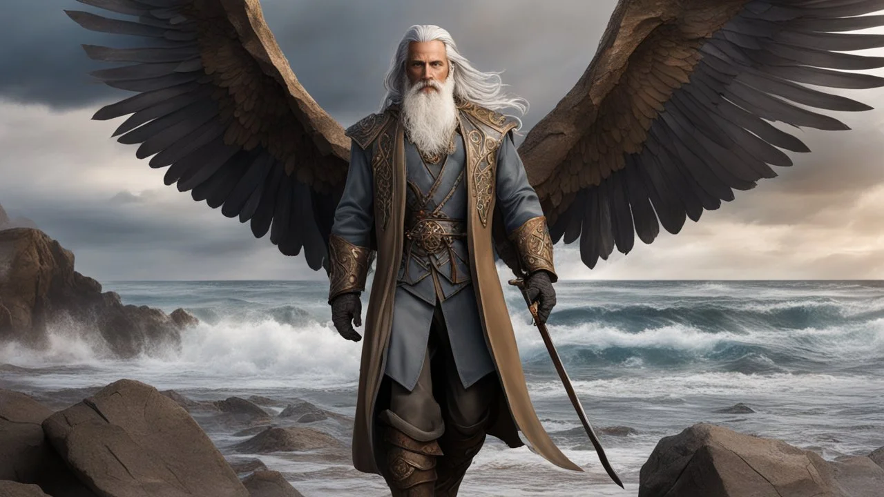 The stately and wise sorcerer named Pealda Stormbringer is walking on a rocky beach looking at a stormy ocean. He is dressed as a lord. He has grey hair and a white beard. beautiful light brown leather gloves. no jewelry. everything is intricately sculpted, exquisite realism, fantasy art, identical eyes, perfect face, Hyperrealistic, splash art, concept art, mid shot, intricately detailed, color depth, dramatic, 2/3 face angle, side light, colorful background