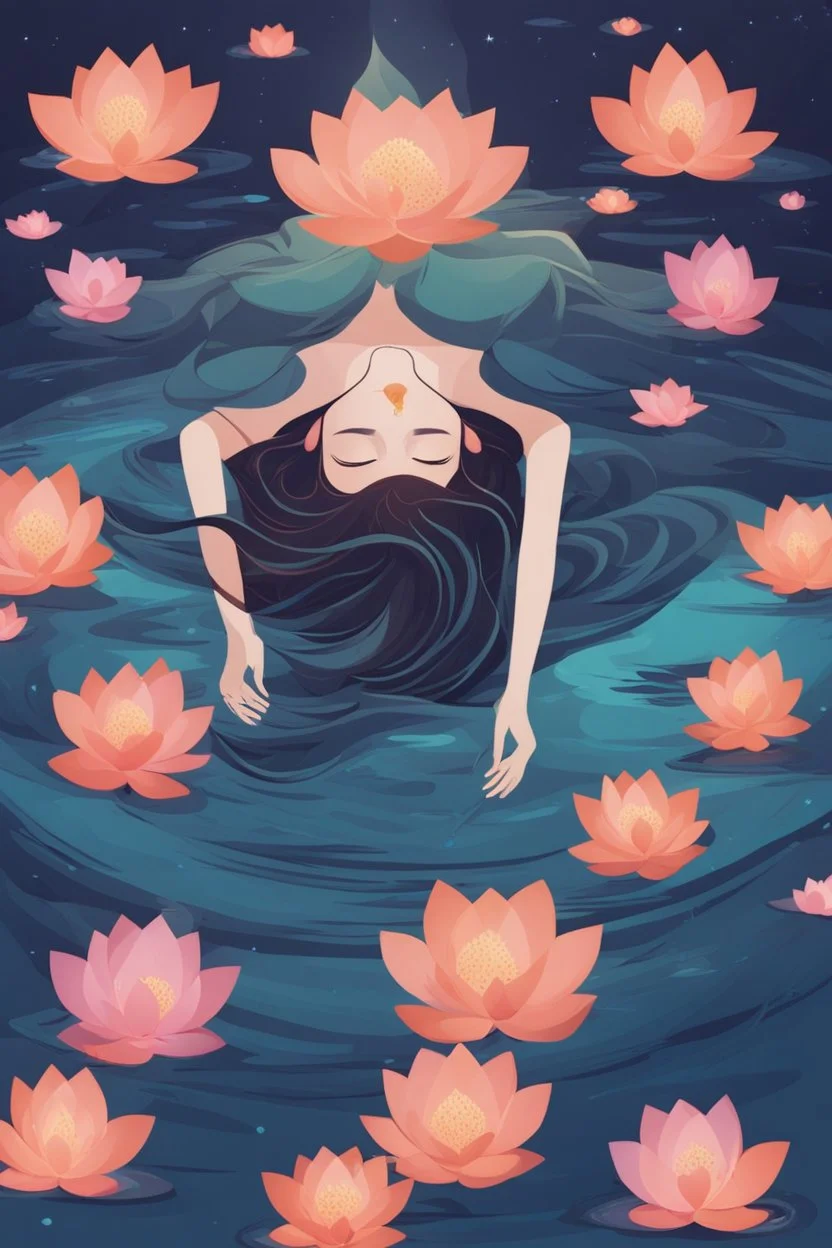woman floating in water, top view, night time, lotus floating in water, freedom, bust up, sense of liberation