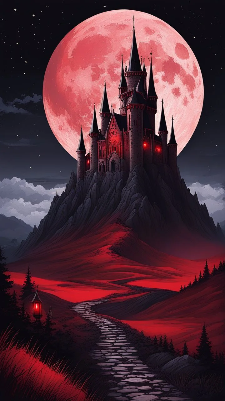 The Midnight Keep, Gothic Castle on the Red Bluffs, a crimson nightfall, stars, Red Full-Moon, red mountains and landscape,, gothic, haunting medieval vibes, crisp quality, beautifully lit