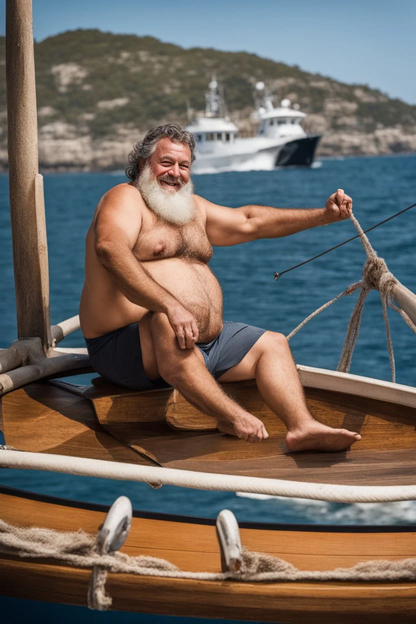 close aerial photography of a burly chubby turkish fisherman happy sunbathing lying down on the large bow of a huge fischer wooden boat in open sea, manly armpits, manly chest, hairy chest, ugly, 56 years old, curly beard, bullneck, short bulging ripped pants, muscular, emotive eyes, photorealistic, 35mm lens, Canon EOS, 8k , view from the ground