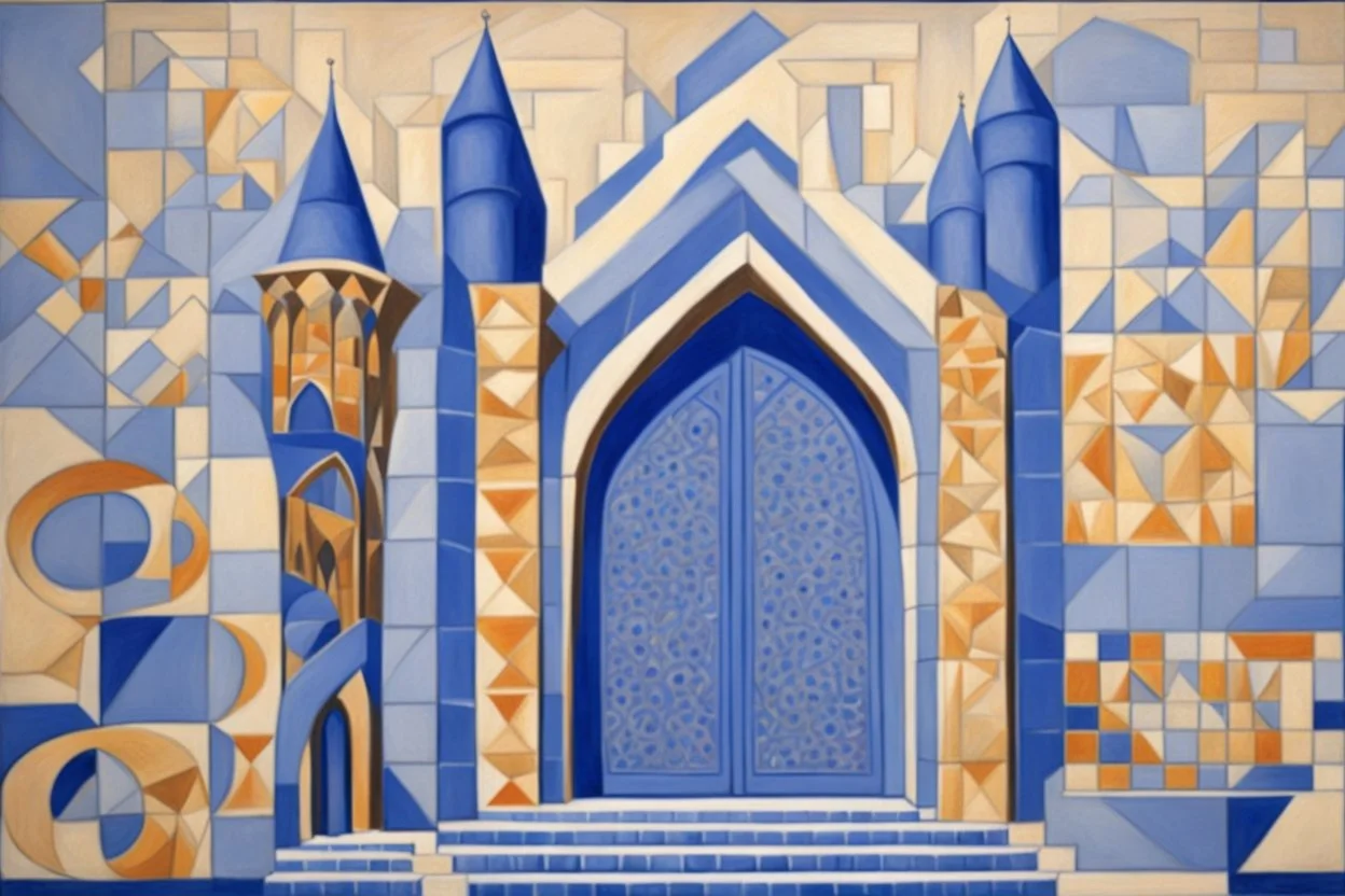 a gothic_arab gate in a blue-tiled wall in futurism stye by artist "Gino Severini",by artist "Marianne von Werefkin"