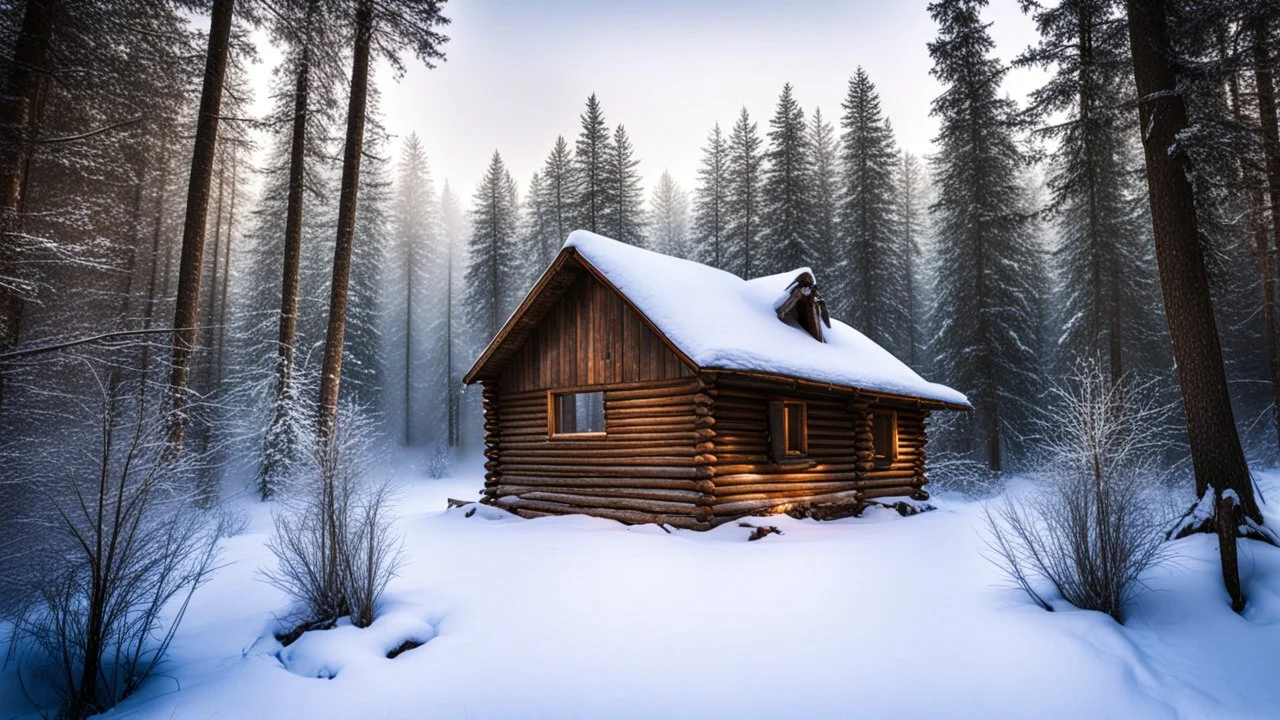 cabin in forest in winter