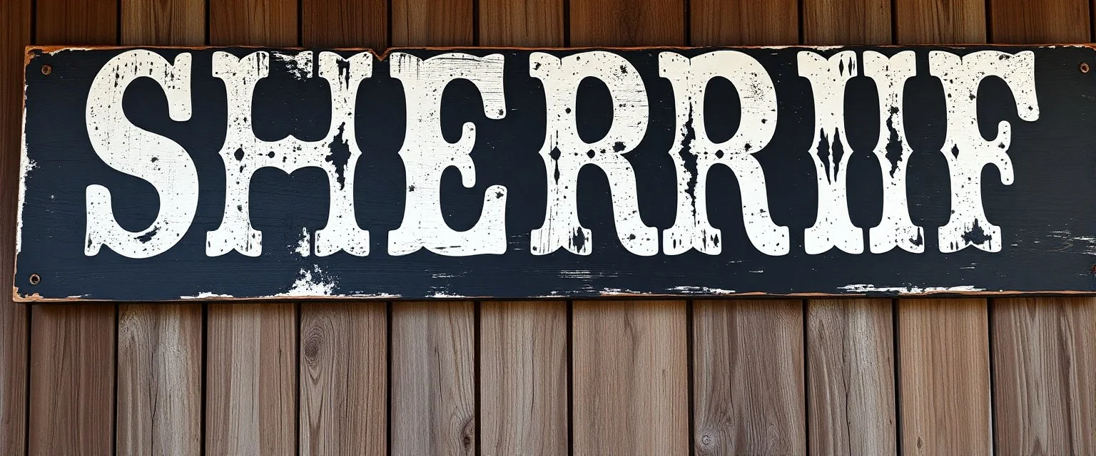 fill composition with large and wide hand painted old western sign that reads: "SHERRIF" white on black with inset white stripe aged paint