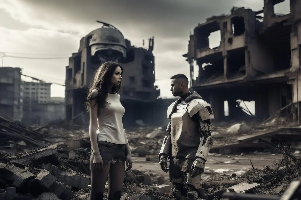 couple, android and woman, in the background an abandoned and destroyed city