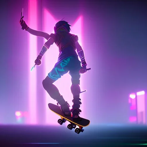 ninja riding a skateboard; in an alternate universe in tokyo; cyberpunk; realistic; rain; neon signs