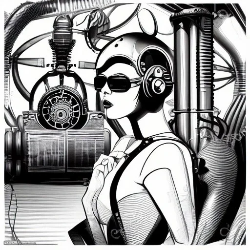 great illustrator, spanish, pencil sketch of a cute girl, beautiful, steampunk syle, black and white. Helmet with tubes. Sun glasses. Machinery in the background. robotic bird flying. High details.