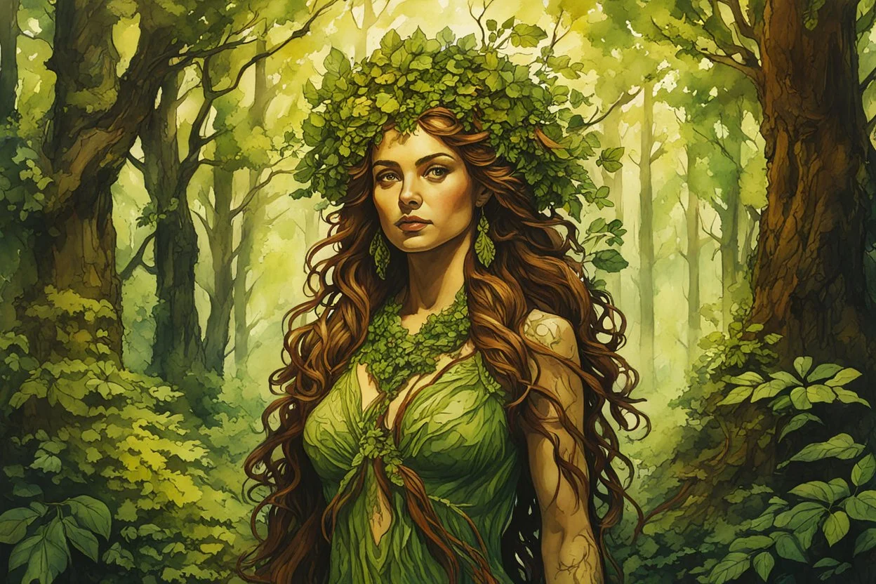 create an oil and watercolor full body portrait of a forest dryad enchantress , with highly detailed, sharply lined facial features, in the deep forest of Brokilon , finely inked, in rustic colors, 4k in the style of Maxfield Parrish