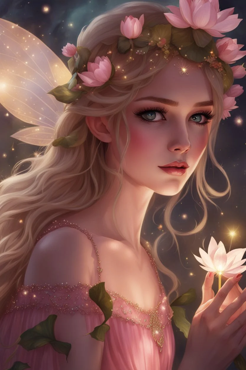 Blonde hair ,Pink dress,Sparkling fairy wings,Very long golden hair,Fairy crown,pointed ears,elven ears,fairy wings,water lilies,sparkling,glittering,flowers,blossoms,golden crown,light pink dress