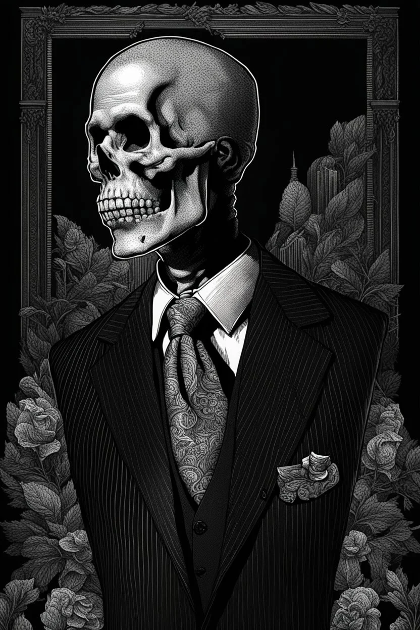 LINE TONE, WSJ STYLE, HEDCUT, ultra high image quality, HEAD AND SHOULDERS SHOT, SKELETON, WEARING A 3 PIECE SUIT, POSED FOR DOLLAR BILL PORTRAIT, , Close-up of an set against AMOLED-worthy pure black backdrop, fantasy art style infused with filter, tailored for vertical wallpaper, exclusive design with no duplicates, radiating beauty suitable for a PC screen image, vivid colors, ultra fine, digital painting, BASED ON THE UNITED STATES TREASURY NOTE ONE DOLLAR BILL