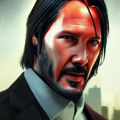 Portrait of john wick, background Singapore's iconic skyline, 8k resolution concept art portrait by Greg Rutkowski, Artgerm, WLOP, Alphonse Mucha dynamic lighting hyperdetailed intricately detailed Splash art trending on Artstation triadic colors Unreal Engine 5 volumetric lighting, mappa studios