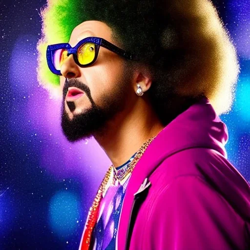 Redfoo is holding a snow shovel, he is shoveling snow, detailed face, meticulously detailed afro hair; ethereal fantasy hyperdetailed mist, luminous colorful sparkles, glitter, snowflakes, ice crystals, airbrush, by Maxfield Parrish, Alphonse Mucha, Henri Rosseau, Cyril Rolando, Fausto-Giurescu, Dan Mumford, CryEngine, volumetric lighting