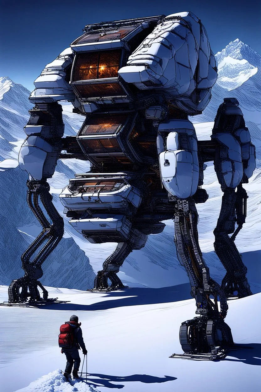 a sleek mechanical walker with eight legs scaling a very steep snow covered side of mout everest at night, it has a smooth surface, it has storage pods on its belly and humans can fit in the pods