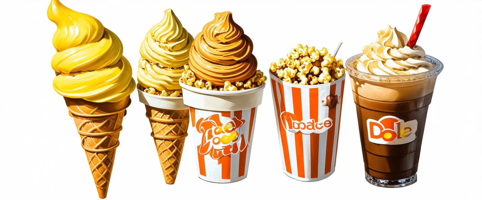 ice cream cones, dole-whip cones, sundaes, striped bag of popcorn, iced coffee drink with whipped topping. whimsical and delightful, digital painting on white
