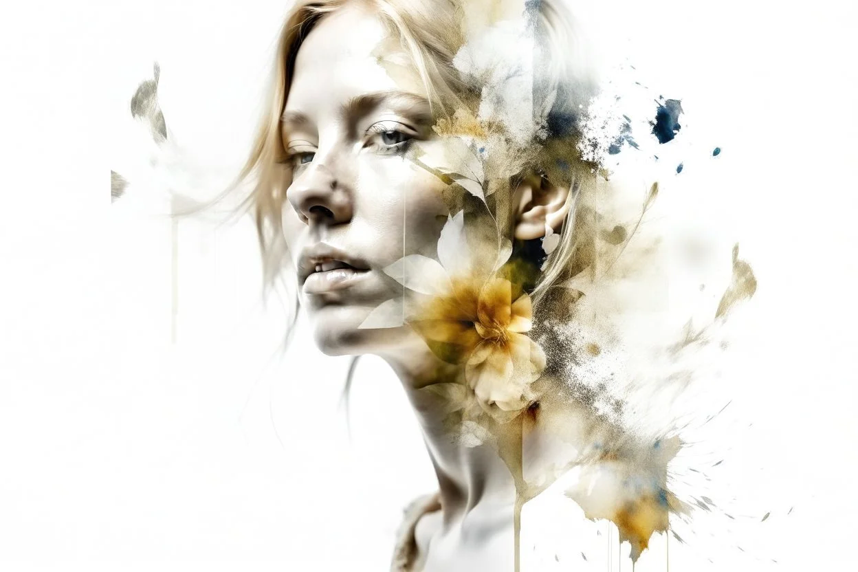 white background, double exposure, old torn paper, newspaper scraps, watercolor, splashes, blots, woman 50 years old, flower blonde, closed eyes, fine rendering, high resolution, double exposure, 8K