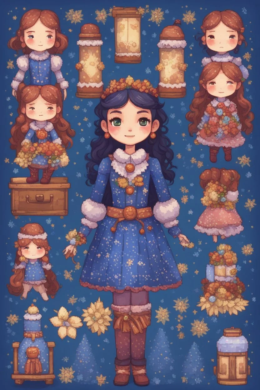 The nutcracker, a kind of girl with blue tones and patterns, stardew, valley style