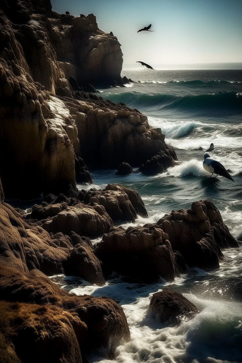 Generate an image of a serene coastal scene with a group of seabirds resting on rocky cliffs overlooking the ocean. Capture the birds in various states, some in flight, some perched, and others gliding above the waves. Highlight the rugged coastal landscape and the interplay of light and shadow.