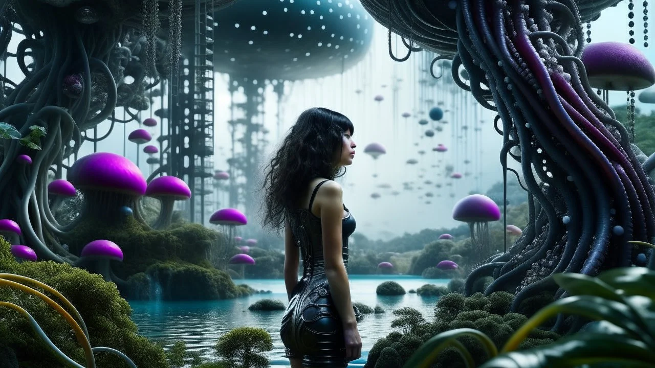 Detailed matte painting of a wide-angle shot of a woman, standing on the left side of the shot, with dark hair in a silver robotic catsuit, many large floating jellyfish with octopus tentacles, alien jungle trees in the distance, with an alien beach and lake, deep colour