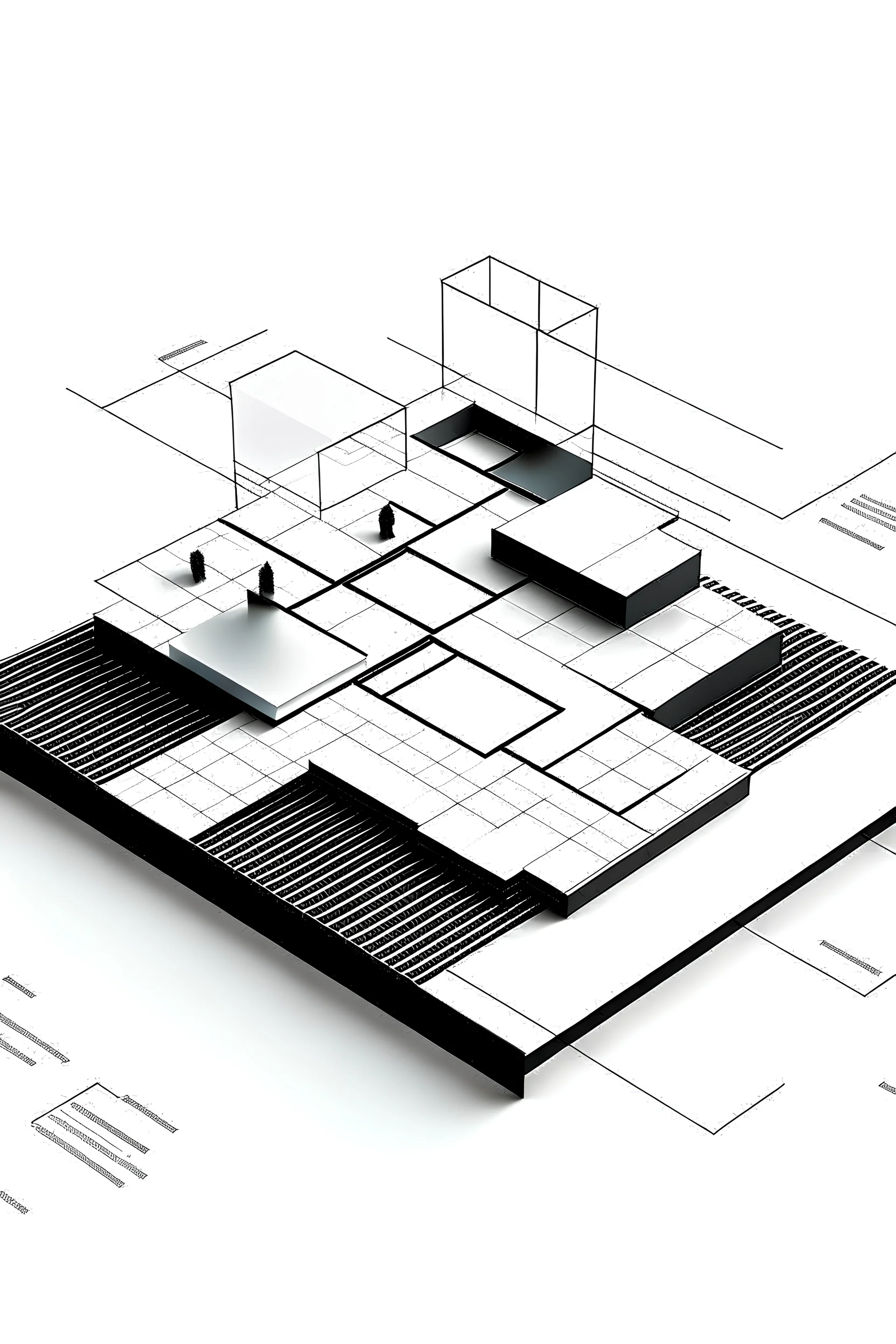 Concept diagram with large ameba plaza and three rectangles, flat surface, black and white, 2d