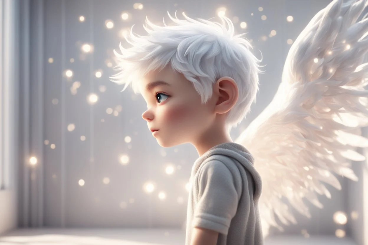 A silver-haired, balding chibi angel boy stands in front of a sparkling white room wall, gazing eagerly at it in sunshine, ethereal, cinematic postprocessing, dof, bokeh Weight:1 detailed matte painting Weight:0.9