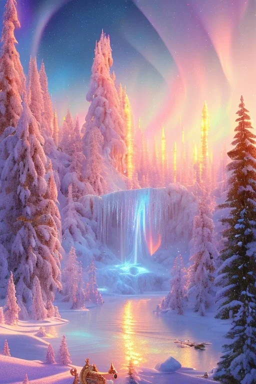  pink and gold crystal background，waterfall, northern Lights, full of details, smooth, bright sunshine，soft light atmosphere, light effect，vaporwave colorful, concept art, smooth, extremely sharp detail, finely tuned detail, ultra high definition, 8 k, unreal engine 5, ultra sharp focus