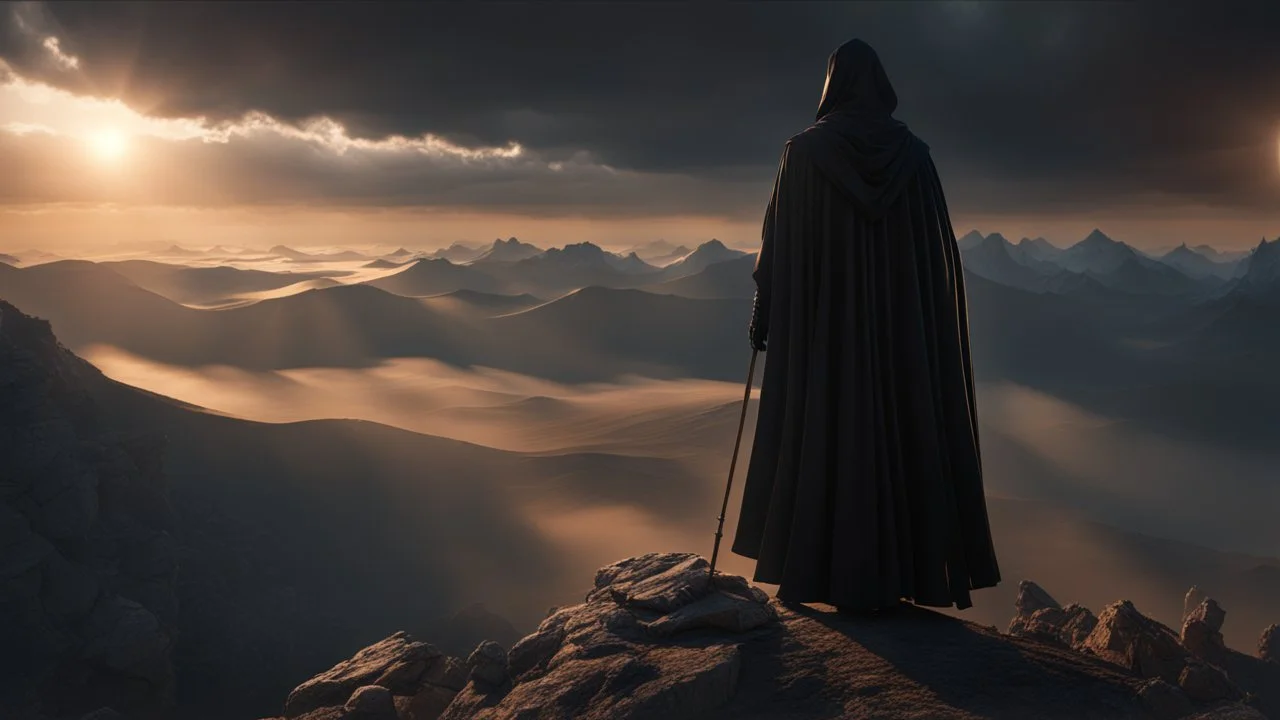 The Shadow of Death clad in a black robe standing on a mountain top, using the staff of destruction to destroy the world. front to the camera. fantasy art, Cinematic lighting, Volumetric lighting, Epic composition, Very high detail, Character design, Unreal Engine, Octane render, HDR, Subsurface scattering