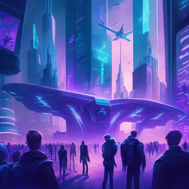 A group of people gather in a futuristic plaza, surrounded by towering skyscrapers and holographic advertisements. The plaza is filled with blue and purple light, and flying vehicles can be seen in the background. Digital art