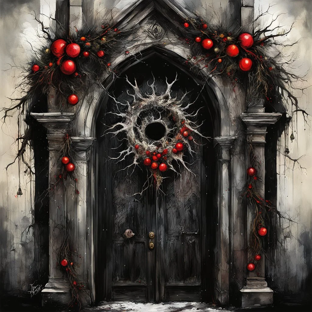 Macabre Dark Shines Christmas Wreath hanging on gothic church door, surreal horror art, by Stephen Gammell, by Salvador Dali, by Dave McKean, stylish, melting acrylic, vivid Christmas colors, asymmetric, macabre creepy composition, visceral textures, deep shadows, dead garland and holly, decay rot dystopia, by Russ Mills, the Chrismas bells have stopped