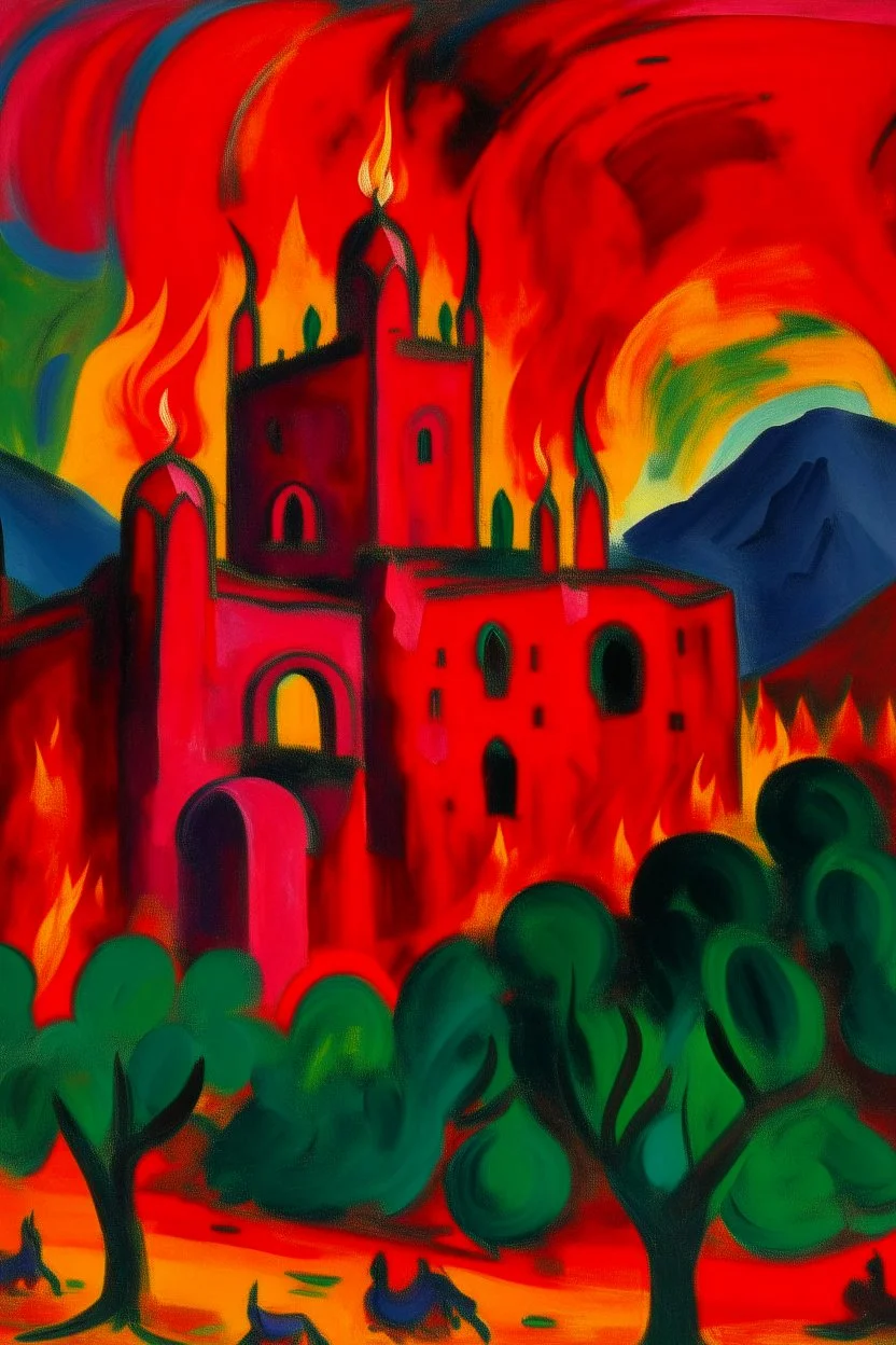 A dark reddish magenta fortress with a fiery furnace painted by Alexej von Jawlensky