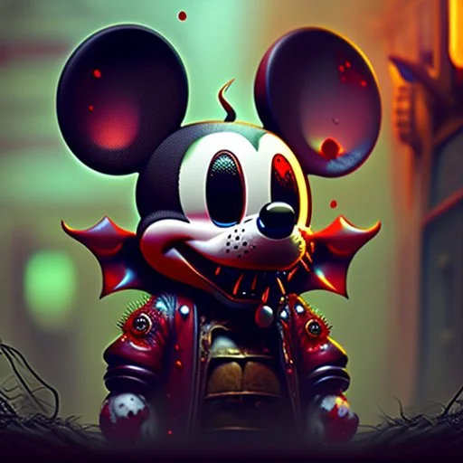 zombie mickey mouse hybrid, photorealism, movie screen capture, horror, sci-fi, evil, hungry, rotted