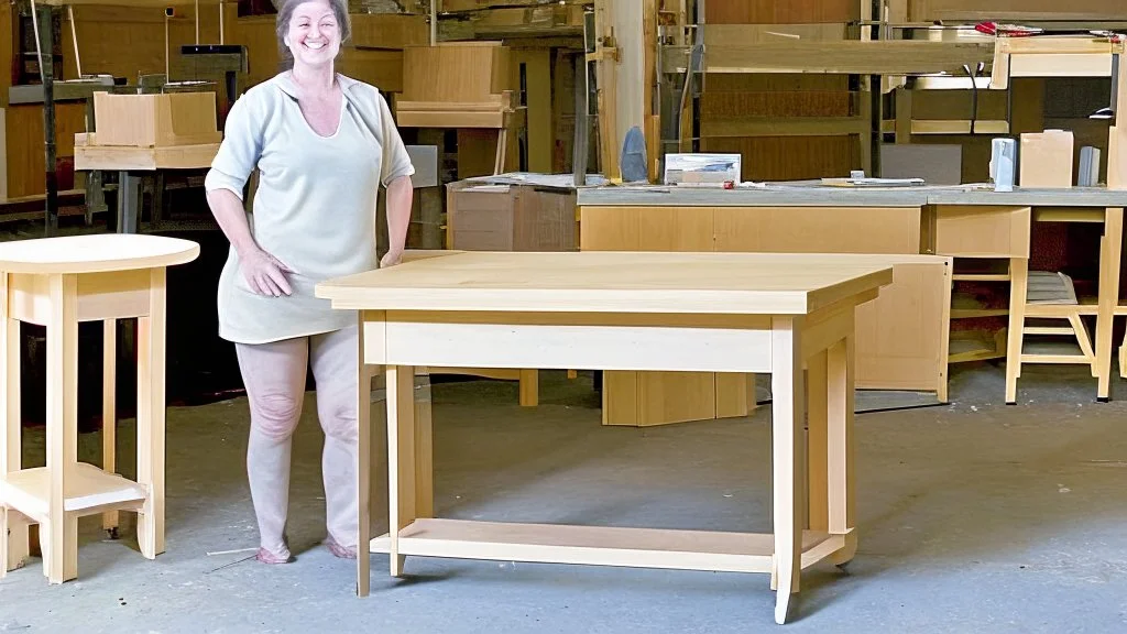 lady standing behind a unassembled table