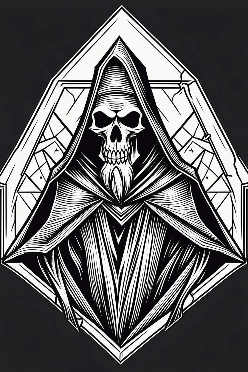 retro cartoon style grim reaper, from the waist upward, in a diamond shape, monochromatic