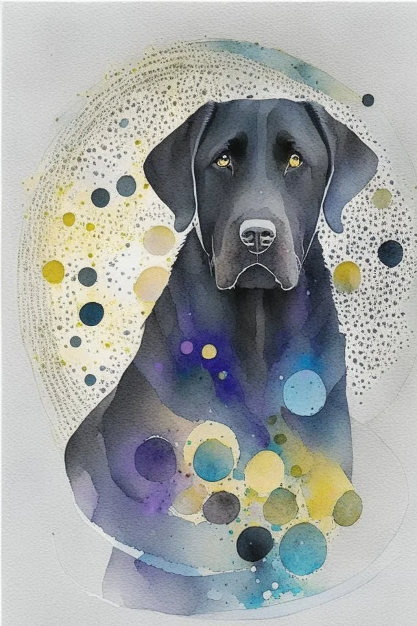 abstract watercolour of a black Labrador dog’s head in the style of Sabrina garassi with bifurcated circles