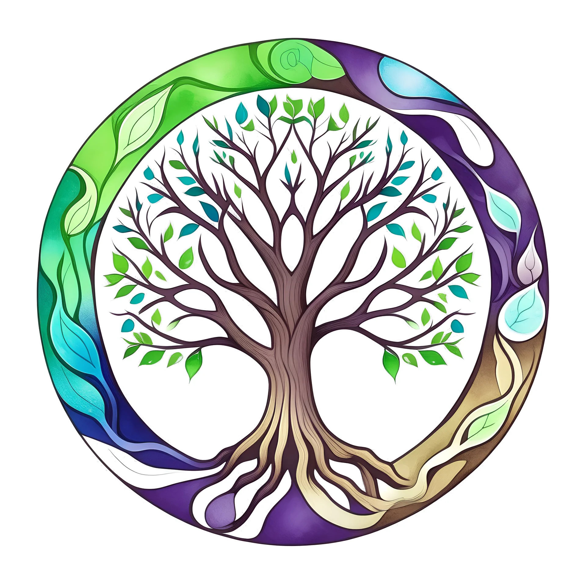 centered, logo with centered tree of life being held inside up turned hands, vector, purple, green, blue, brown, with crescent moon, watercolors