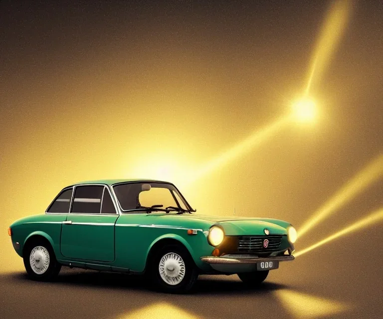 fiat 125p, city. high speed. bokeh. lens flare. warm lights. high detailed. oil on canvas