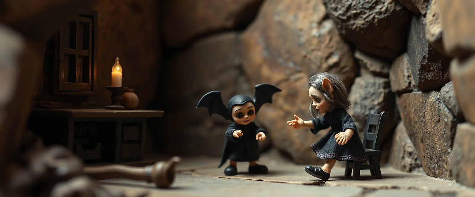 pin hole picture, miniatures on fake scene,master oil painting by Rembrandt, good afternoon disney bitch scary stone age vampire, stupid doll trying to explain something weird