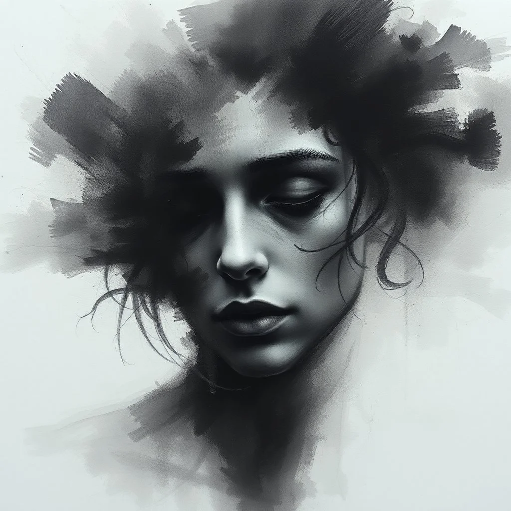 A hauntingly beautiful abstract portrait of a human face emerging from soft charcoal strokes. The figure is partially obscured with blurred, smudged textures, creating an ethereal and ghostly effect. The face conveys subtle sadness and mystery, with deep shadows and faint highlights giving it a timeless ...