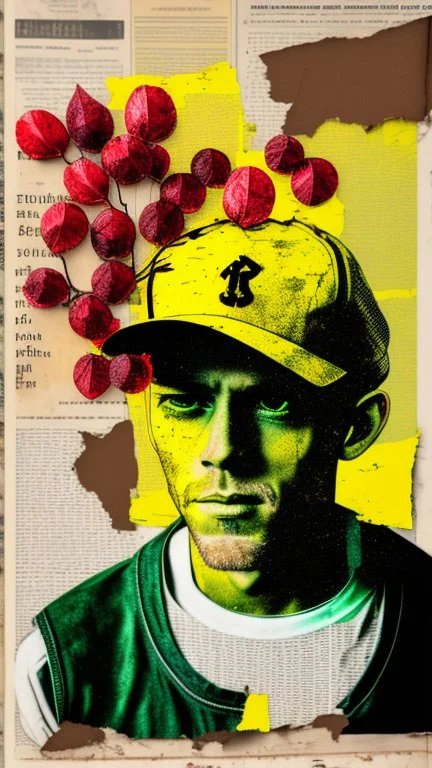 background old, cracks, yellow, torn canvas, gouache, double exposure, man, baseball cap, 40 years old, fine drawing, blots, newspaper scraps, leaves, green, autumn, city, branches, red rowan berries, 8K, double exposure