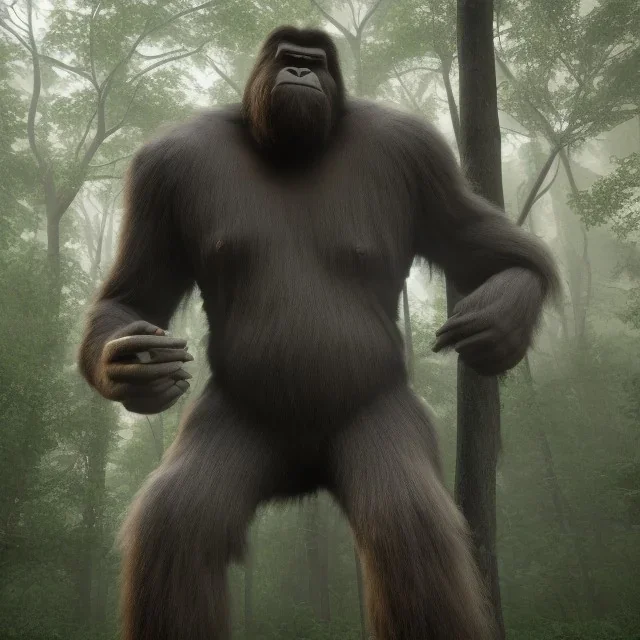 huge giant upright human hybrid bigfoot, grey black, destroying a tree in forest, angry, big muscles