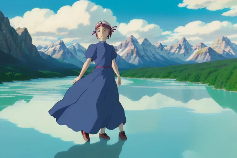 Character = Girl with blue eyes and red sundress, environment = Alberta Rocky mountains, cinematic landscape shot