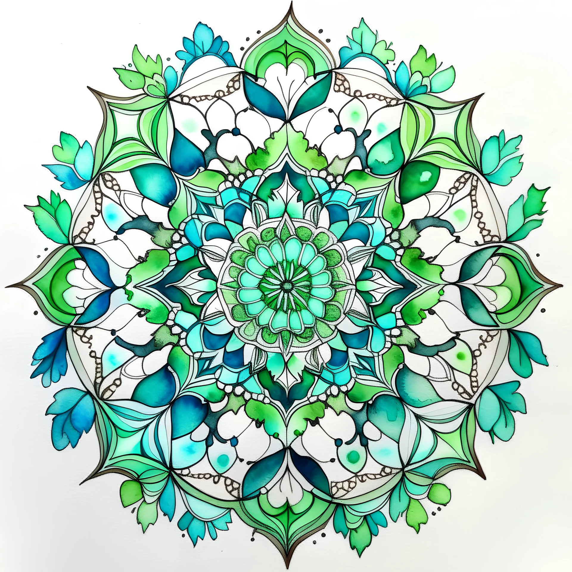 The mandala is green . watercolor drawing