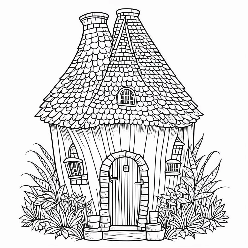 A fairy house with a thatched roof and a chimney, exact shape, real image, minimal lines, white back ground color, real style, realistic, minimalistic, minimal black line art, line art, crisp line art, unique coloring sheet, outlined, outline, crisp, crisp line edges, illustration, thin lines, crisp clear lines, line art, clean line art, unique, 8k, no colors, no dark color, no black color, avoid thick black, minimalistic line edges, pure white back ground,