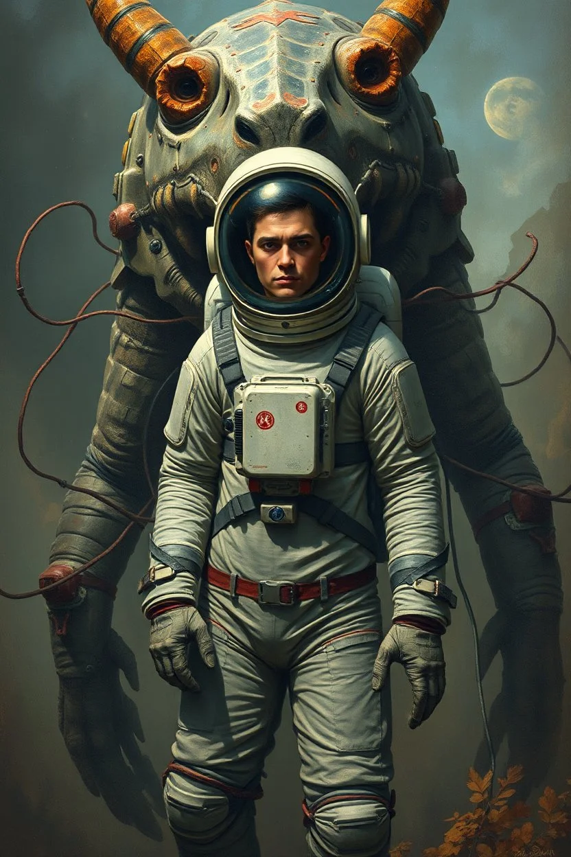 Bosch painting style, an astronaut surrounded by wired large creature behind him