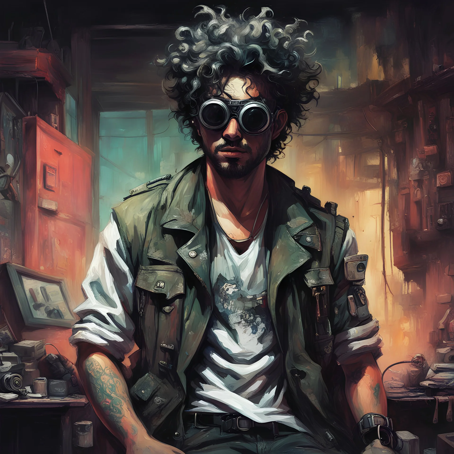 Semi-abstract dark painting of a 30yo arab man with a curly messy dirty hair, round dirty face and a mechanical left-hand, wearing white tank top, military jacket pants and boots, bandanna on head with punk-goggles. Scenery is a cyberpunk small dark living room with lots of junk. Dirty and old image filters, dark-tone hot colors, a dystopic feeling.