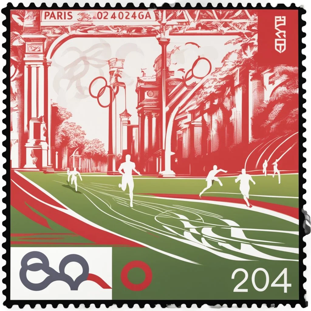 Commemorative stamp of the Olympic Games with the text: "Paris 2024". On pure white background. ultra 8k quality