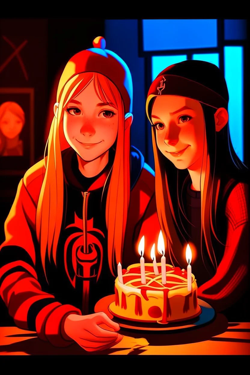 spiderman into the spider verse tarzı 17 yazan mum ile doğum günü kutlayan 2 kız birinin saçı kısa karakterlerin görüneceği kadar aydınlık soldaki kızın saçı daha kısa yüz ifadeleri değişsin çizgi roman tarzı gölgelendirme yüz ifadeleri değişsin sadece 2 kişi