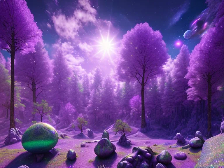 purple white crystal cosmic and galactic ambiance hill sky rocks sunny trees pools surreal, full of details, smooth, bright sunshine，soft light atmosphere, light effect，vaporwave colorful, concept art, smooth, extremely sharp detail, finely tuned detail, ultra high definition, 8 k, unreal engine 5, ultra sharp focus