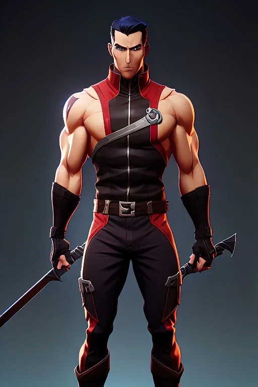 j.scott campbell, muscular ninja assassin, full head to toe portrait, athletic build, wearing black and red baggy pants with pockets, tan skin, big boots, two swords crossed behind back, dark hazel eyes, eyes are both in proportion and green, 3/4 look, 5 o'clock shadow, short brown hair, large arms and hands, standing, dark cobblestone alley, one halo white light behind head, non photorealistic rendering