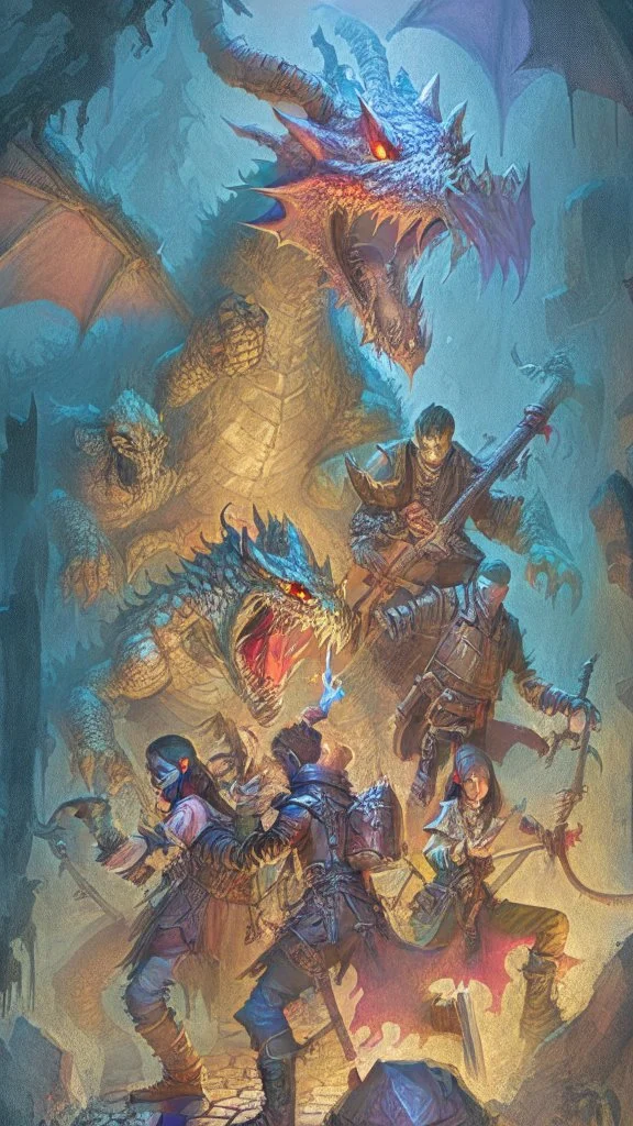 rpg cover with a group of adventurers fighting a dragon