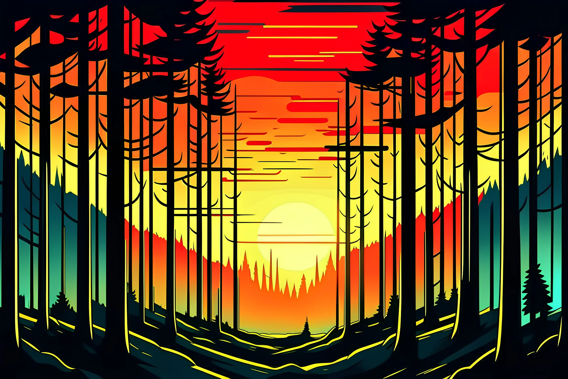 sun setting in a canadian forest with a cartoonish artstyle